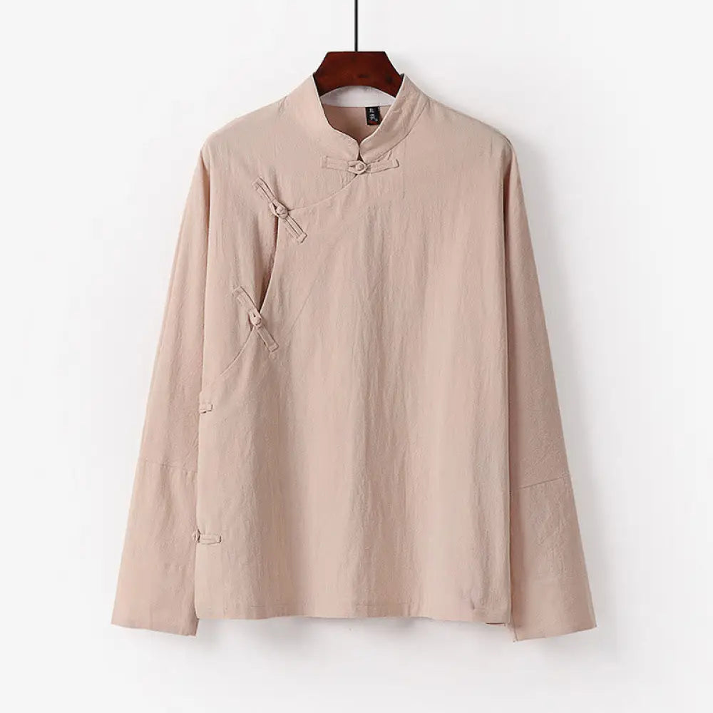 Buddha Stones Vintage Plain Chinese Frog-Button Cotton Long Sleeve Men’s Shirt - Wheat / US/UK/AU36，EU46 (L) - Men’s