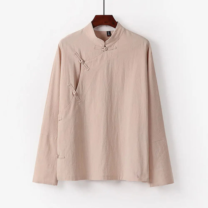 Buddha Stones Vintage Plain Chinese Frog-Button Cotton Long Sleeve Men’s Shirt - Wheat / US/UK/AU36，EU46 (L) - Men’s