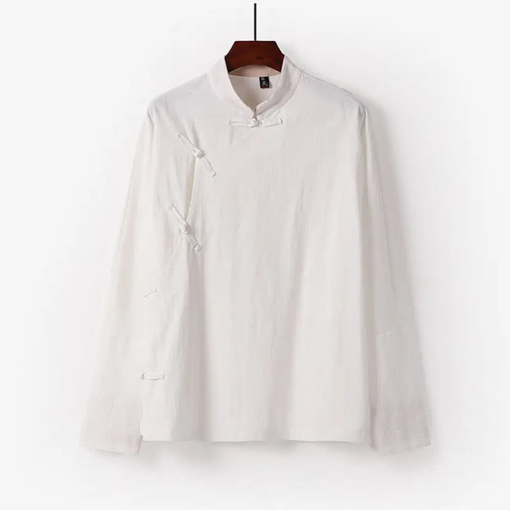 Buddha Stones Vintage Plain Chinese Frog-Button Cotton Long Sleeve Men’s Shirt - White / US/UK/AU36，EU46 (L) - Men’s