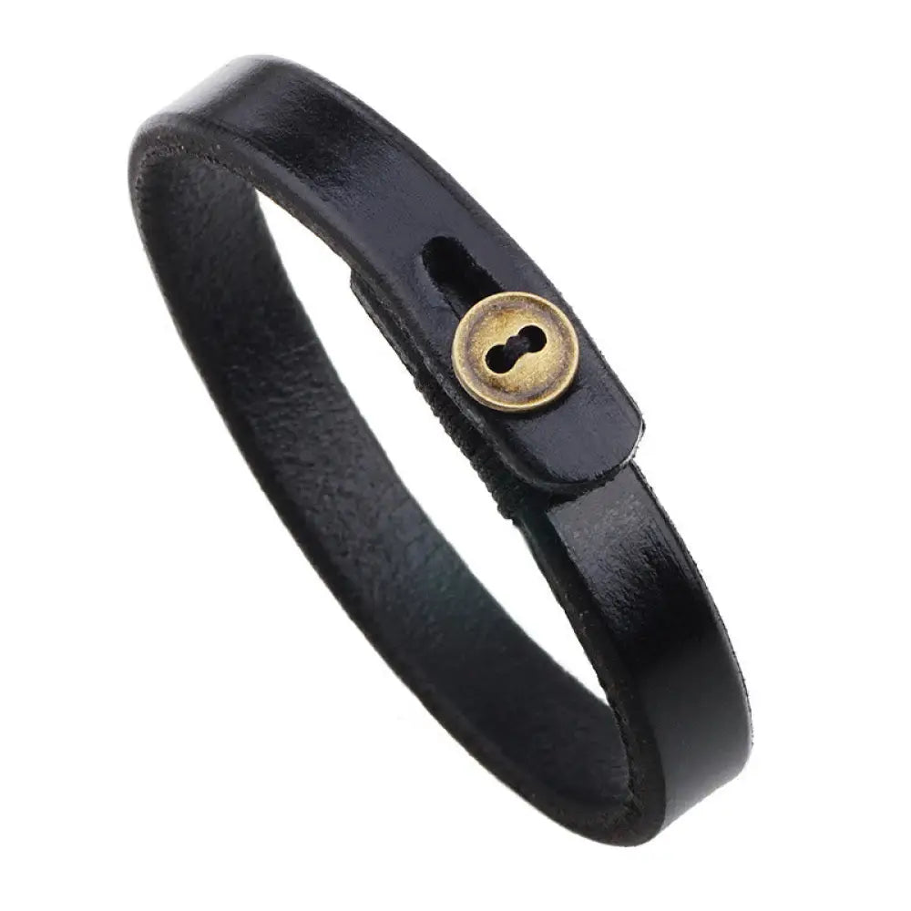 Buddha Stones Vintage Plain Leather Button Buckle Confidence Bracelet - BWOOOH - Black(Wrist Circumference: 17-19cm)