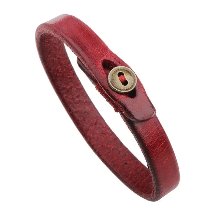 Buddha Stones Vintage Plain Leather Button Buckle Confidence Bracelet - BWOOOH - Red(Wrist Circumference: 17-19cm)