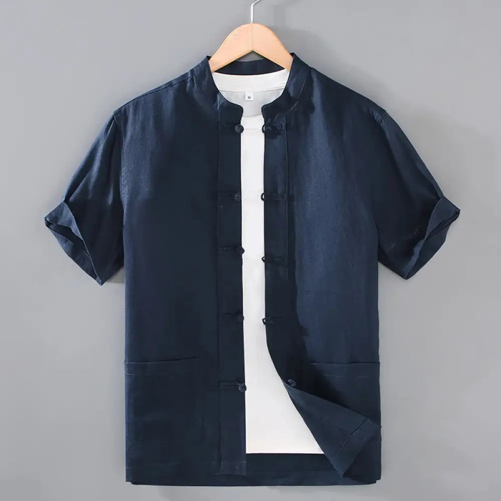Buddha Stones Vintage Plain Tang Suit Chinese Frog-Button Men’s Shirt With Pockets - MidnightBlue / US/UK/AU36，EU46 (L)