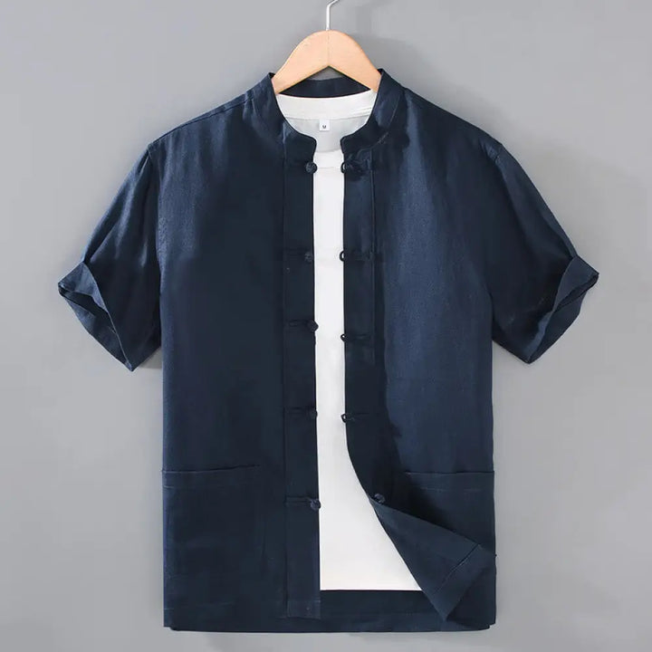 Buddha Stones Vintage Plain Tang Suit Chinese Frog-Button Men’s Shirt With Pockets - MidnightBlue / US/UK/AU36，EU46 (L)