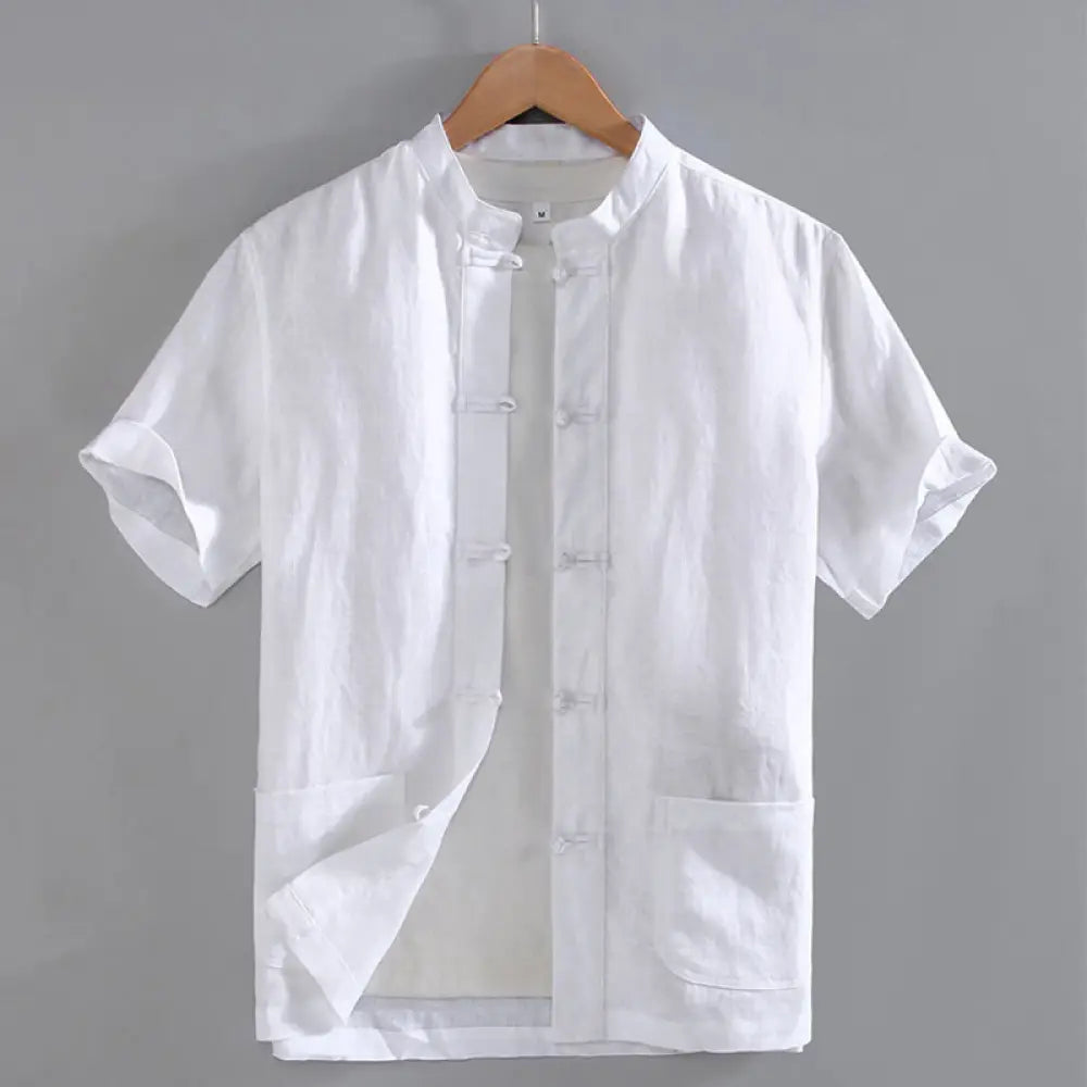 Buddha Stones Vintage Plain Tang Suit Chinese Frog-Button Men’s Shirt With Pockets - White / US/UK/AU36，EU46 (L)