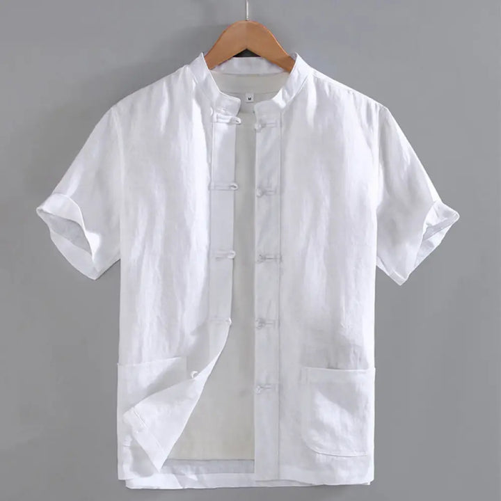 Buddha Stones Vintage Plain Tang Suit Chinese Frog-Button Men’s Shirt With Pockets - White / US/UK/AU36，EU46 (L)