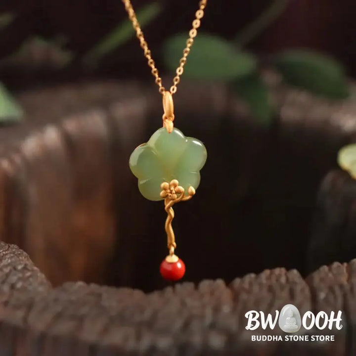 Buddha Stones Vintage Plum Blossom Flower Jade Red Agate Prosperity Necklace Pendant - BWOOOH