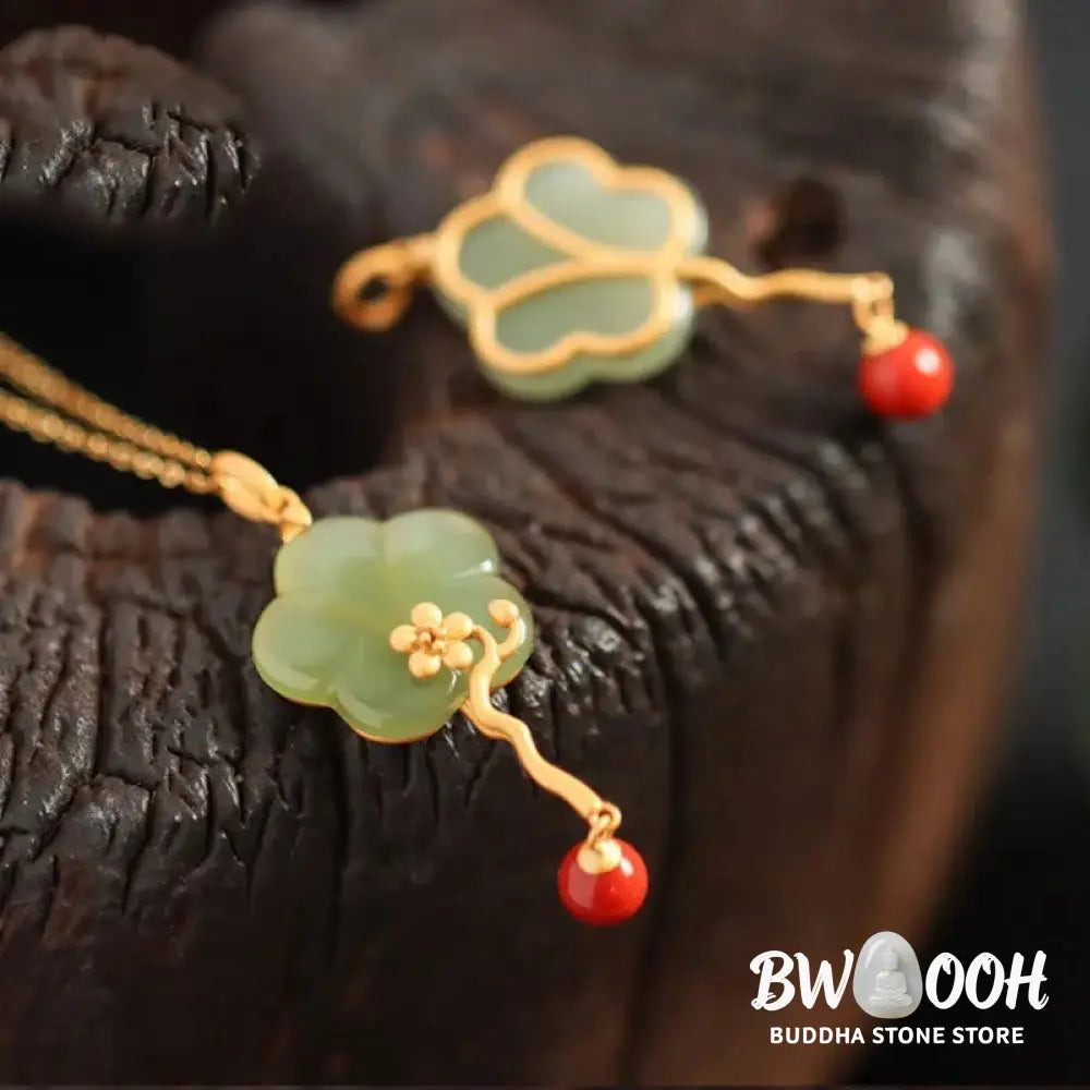 Buddha Stones Vintage Plum Blossom Flower Jade Red Agate Prosperity Necklace Pendant - BWOOOH