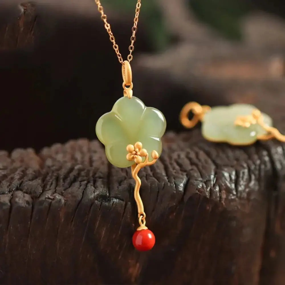BWOOOH Vintage Plum Blossom Flower Jade Red Agate Prosperity Necklace Pendant - jade necklace spiritual jewelry