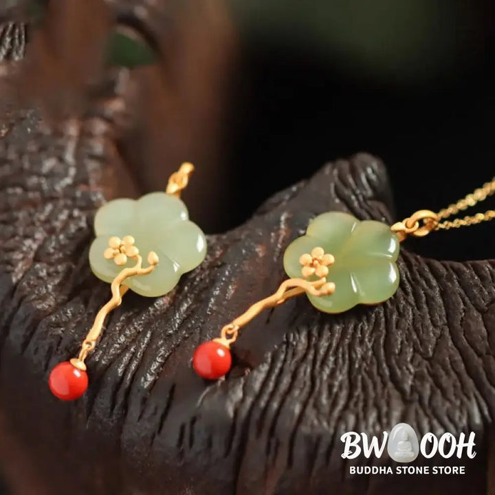 Buddha Stones Vintage Plum Blossom Flower Jade Red Agate Prosperity Necklace Pendant - BWOOOH