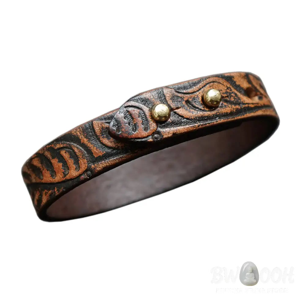 Buddha Stones Vintage Printed Leather Adjustable Buckle Balance Bracelet - Brown(Wrist Circumference: 15-18cm)
