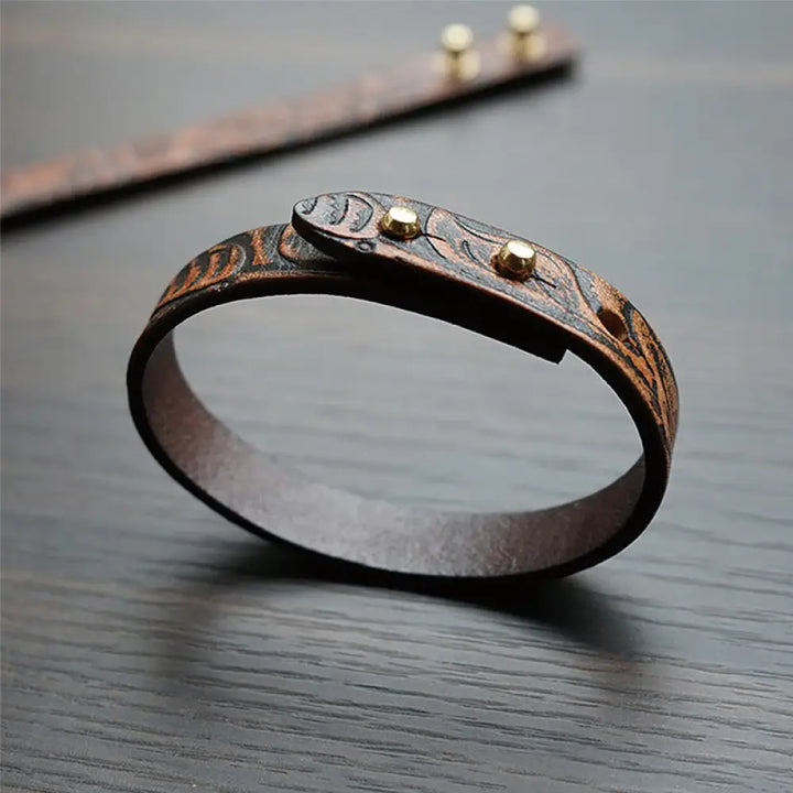 BWOOOH Vintage Printed Leather Adjustable Buckle Balance Bracelet - Brown(Wrist Circumference: 15-18cm)