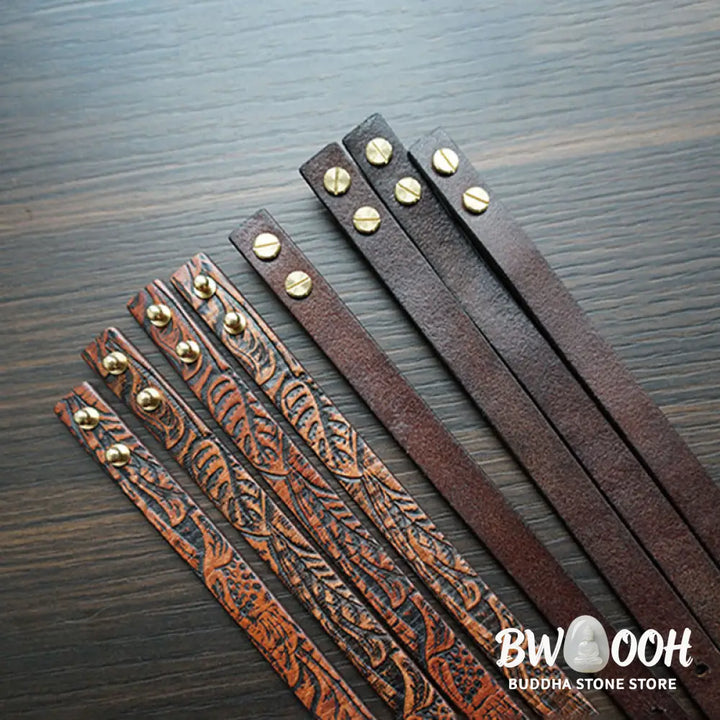 Buddha Stones Vintage Printed Leather Adjustable Buckle Balance Bracelet - Brown(Wrist Circumference: 15-18cm)