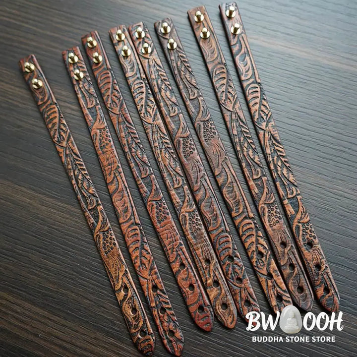 Buddha Stones Vintage Printed Leather Adjustable Buckle Balance Bracelet - Brown(Wrist Circumference: 15-18cm)