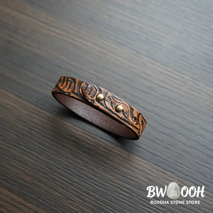 Buddha Stones Vintage Printed Leather Adjustable Buckle Balance Bracelet - Brown(Wrist Circumference: 15-18cm)