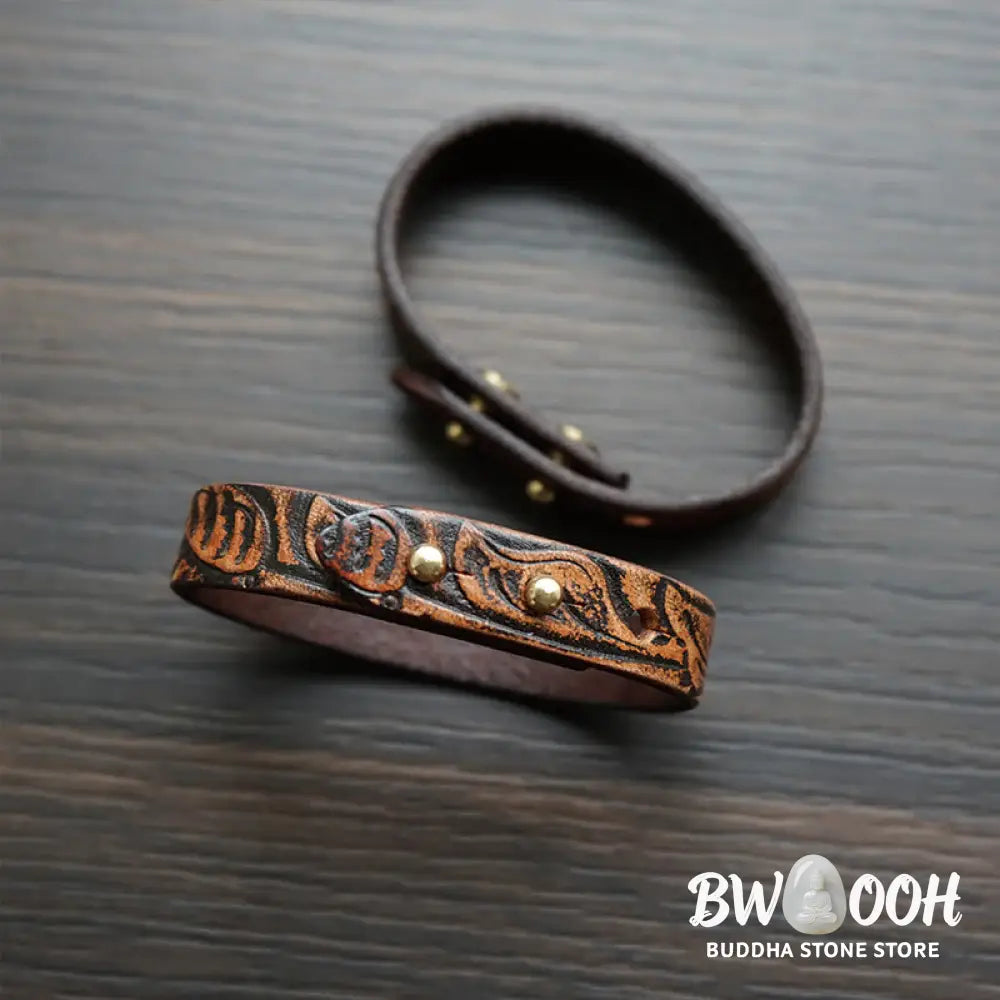 Buddha Stones Vintage Printed Leather Adjustable Buckle Balance Bracelet - Brown(Wrist Circumference: 15-18cm)