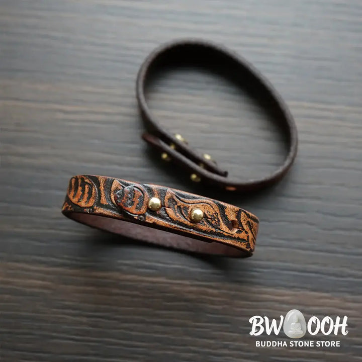 Buddha Stones Vintage Printed Leather Adjustable Buckle Balance Bracelet - Brown(Wrist Circumference: 15-18cm)