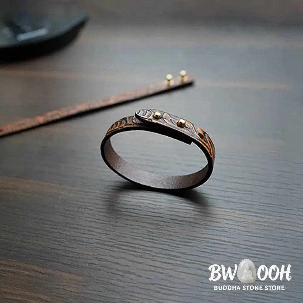Buddha Stones Vintage Printed Leather Adjustable Buckle Balance Bracelet - Brown(Wrist Circumference: 15-18cm)