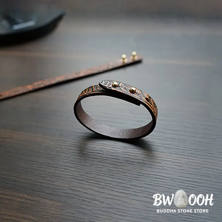 Buddha Stones Vintage Printed Leather Adjustable Buckle Balance Bracelet - Brown(Wrist Circumference: 15-18cm)