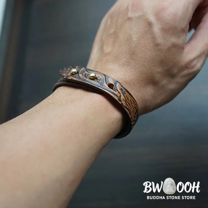Buddha Stones Vintage Printed Leather Adjustable Buckle Balance Bracelet - Brown(Wrist Circumference: 15-18cm)