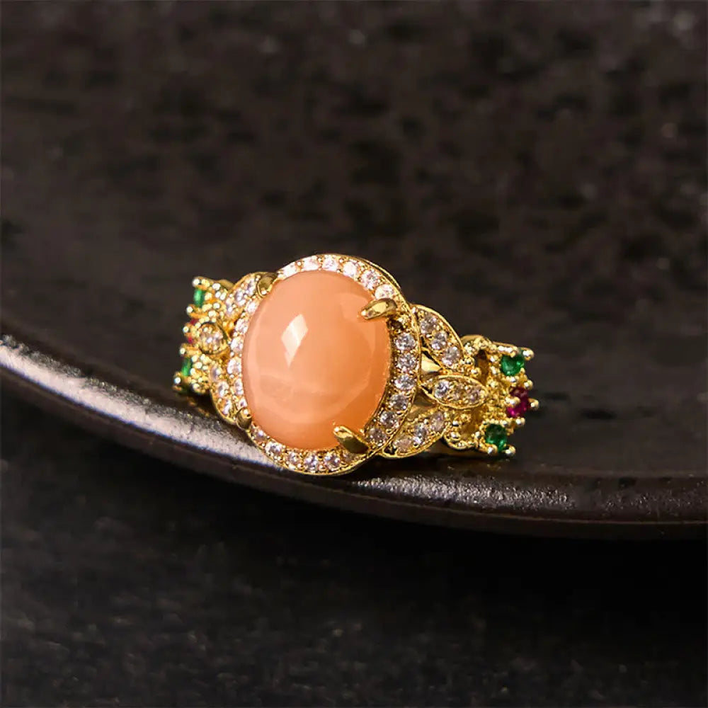 BWOOOH Vintage Prong Setting Four Leaf Flower Design Peach Moonstone Adjustable Soothing Ring — Moonstone crystal healing ...