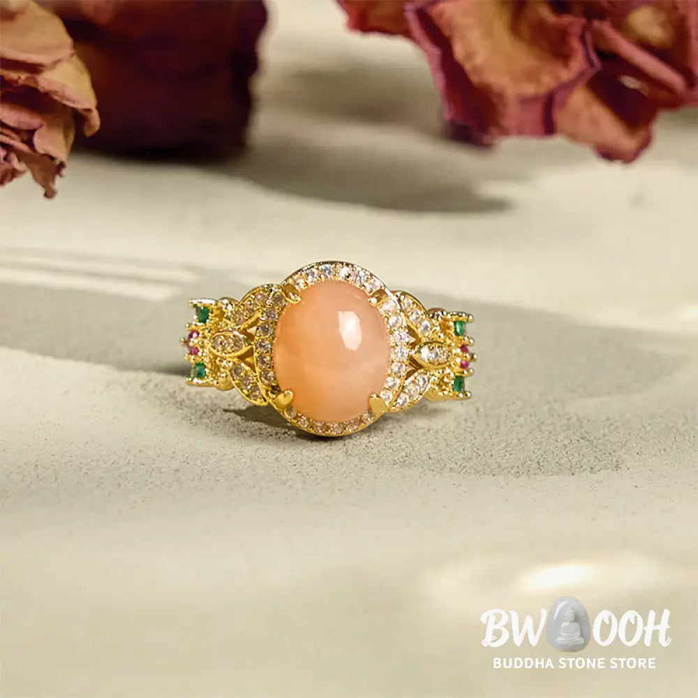 Buddha Stones Vintage Prong Setting Four Leaf Flower Design Peach Moonstone Adjustable Soothing Ring - Peach
