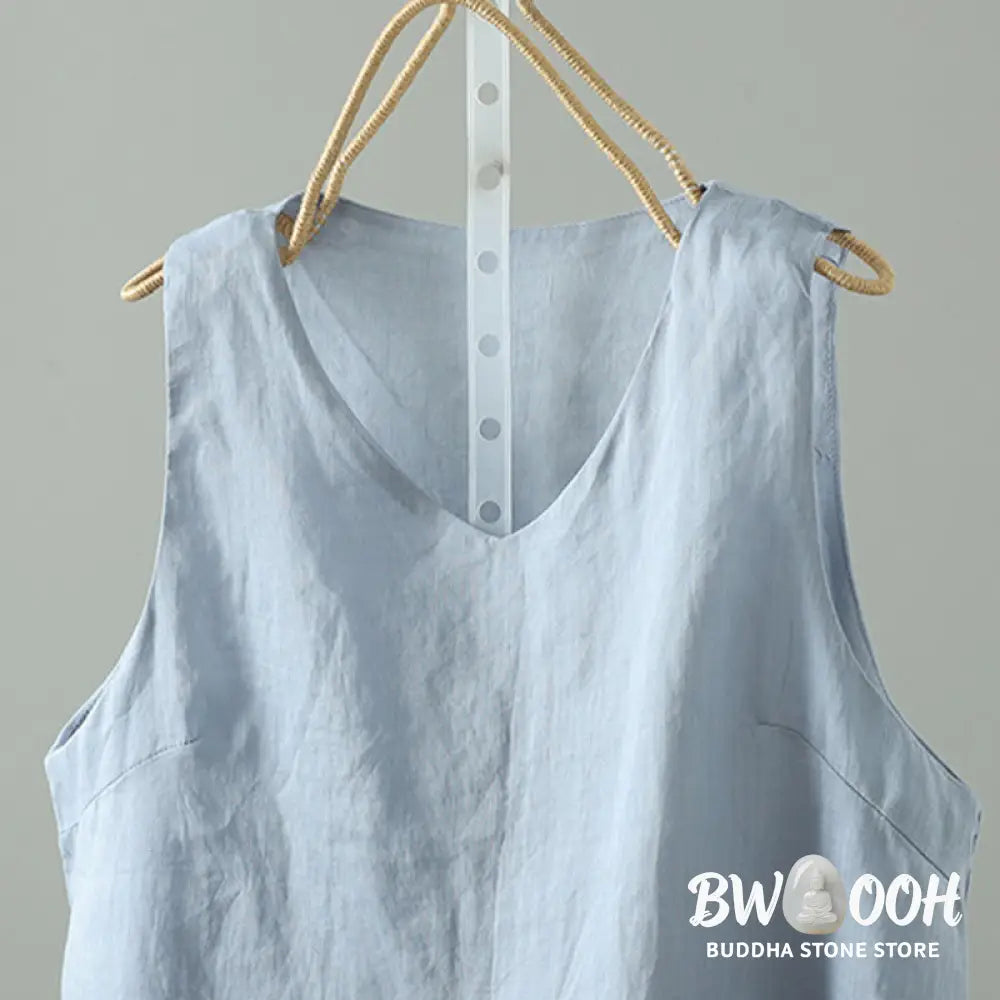 Buddha Stones Vintage Pure Color V-Neck Cotton Sleeveless Women’s Vest Waistcoat - Women’s Vest