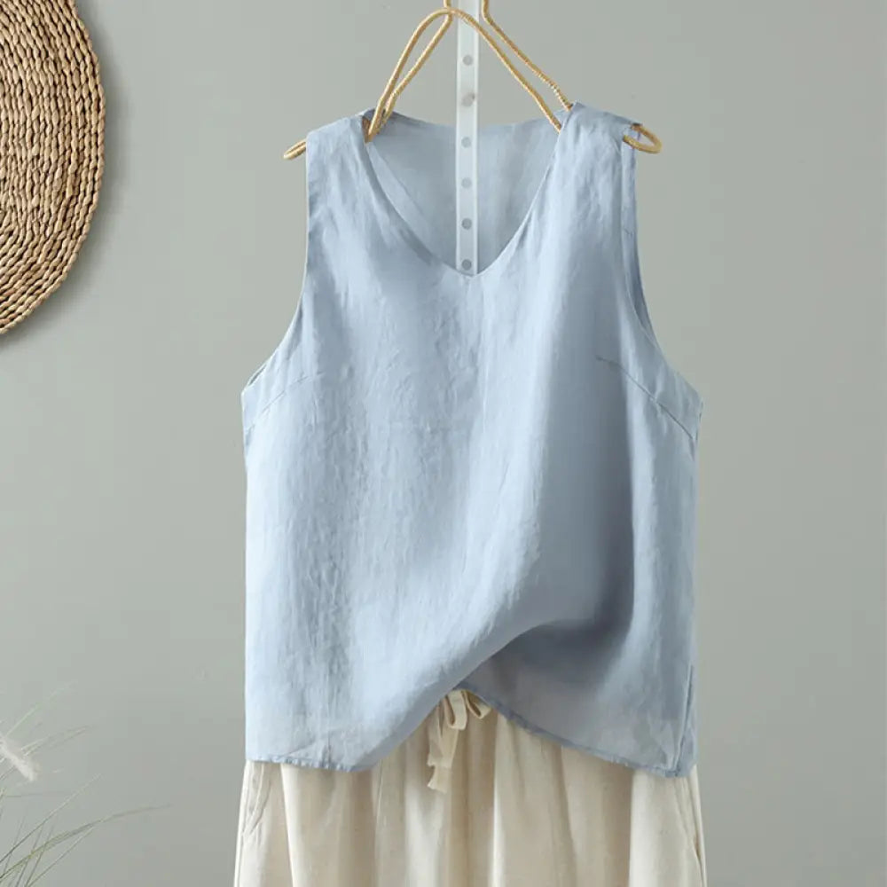 BWOOOH Vintage Pure Color V-Neck Cotton Sleeveless Women'
