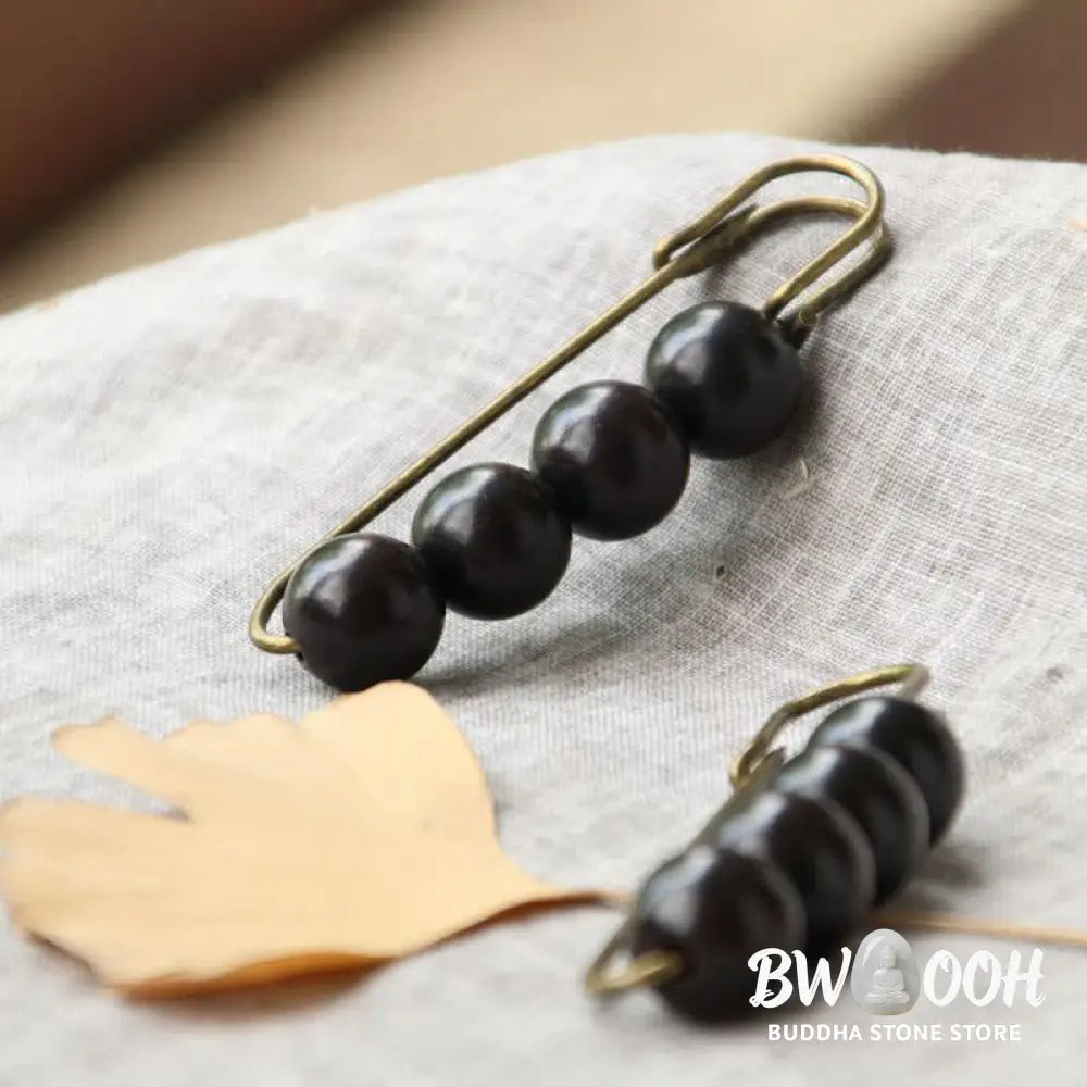 Buddha Stones Vintage Sandalwood Agathis Alba Ebony Wood Peltogyne Beads Healing Brooch - Brooch