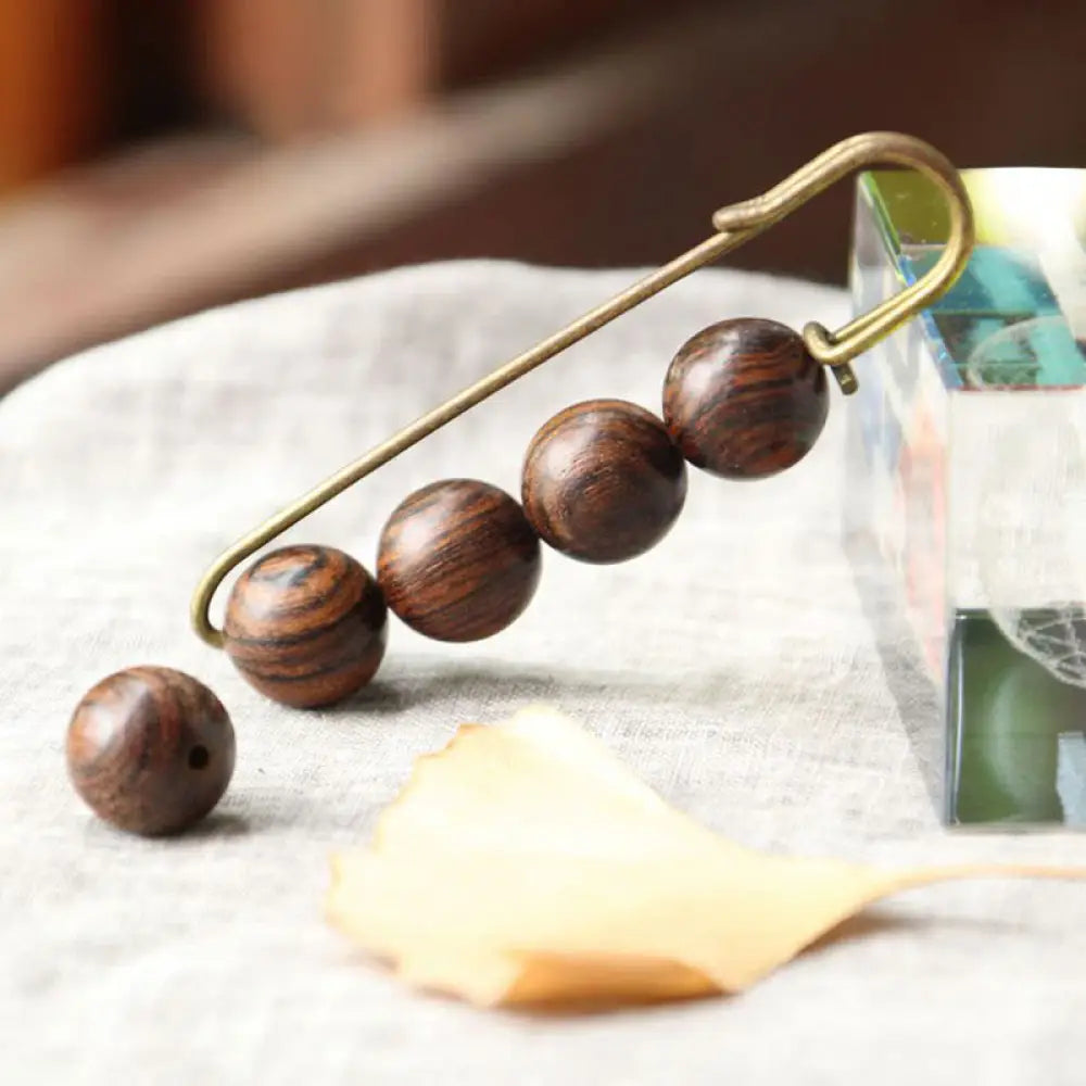 Buddha Stones Vintage Sandalwood Agathis Alba Ebony Wood Peltogyne Beads Healing Brooch - Tiger Skin Sandalwood - Brooch