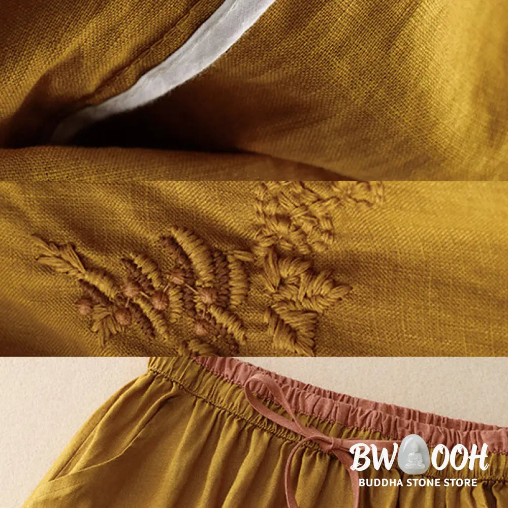 Buddha Stones Vintage Solid Embroidery Drawstring Women’s Skirt With Pockets - Skirt