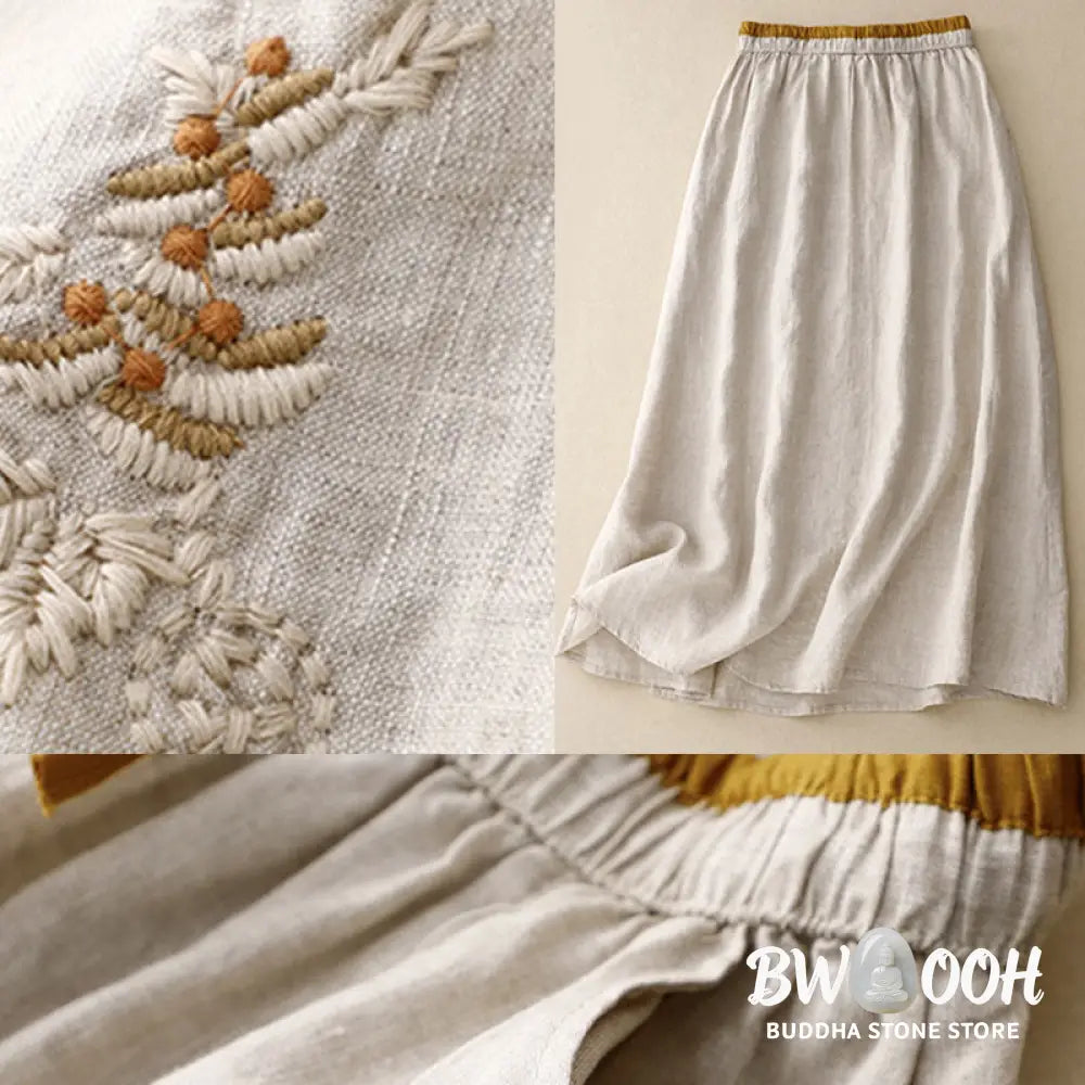 Buddha Stones Vintage Solid Embroidery Drawstring Women’s Skirt With Pockets - Skirt