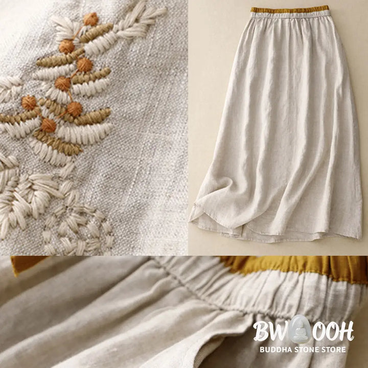 Buddha Stones Vintage Solid Embroidery Drawstring Women’s Skirt With Pockets - Skirt