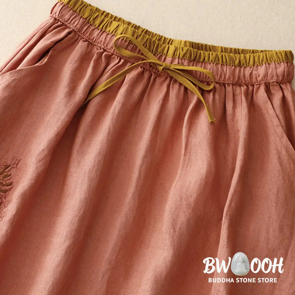 Buddha Stones Vintage Solid Embroidery Drawstring Women’s Skirt With Pockets - Skirt