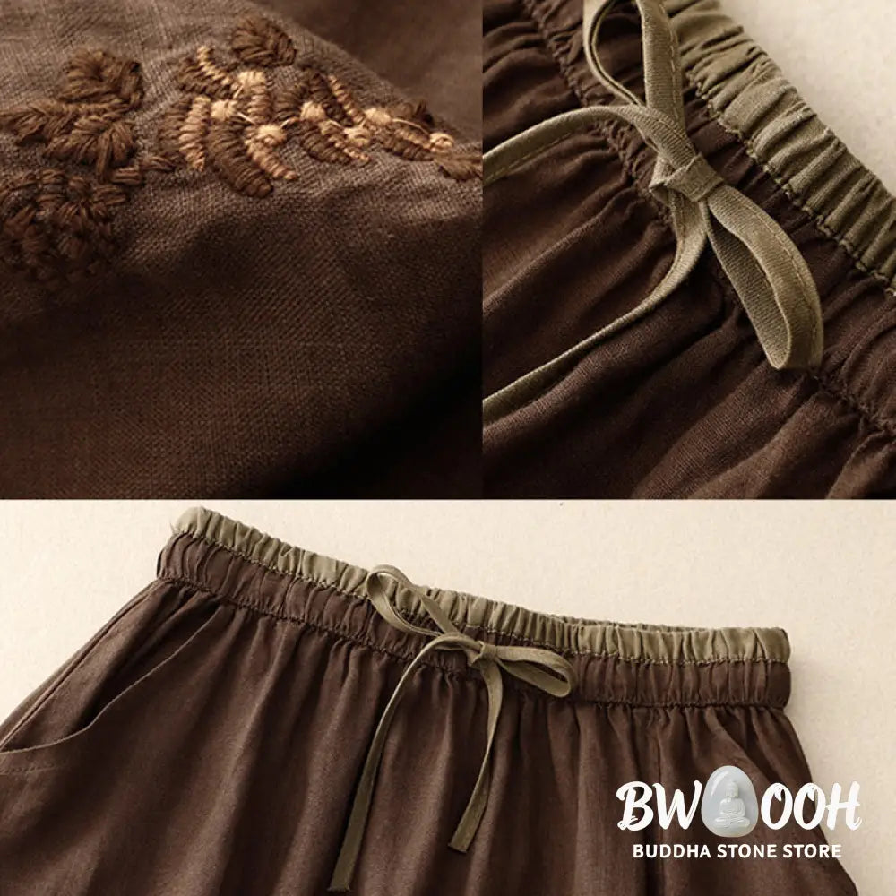 Buddha Stones Vintage Solid Embroidery Drawstring Women’s Skirt With Pockets - Skirt