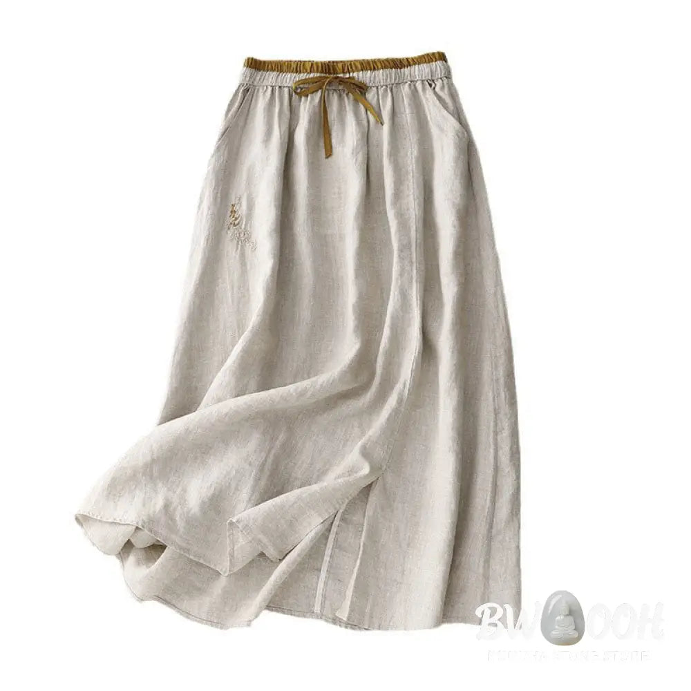 Buddha Stones Vintage Solid Embroidery Drawstring Women’s Skirt With Pockets - Skirt