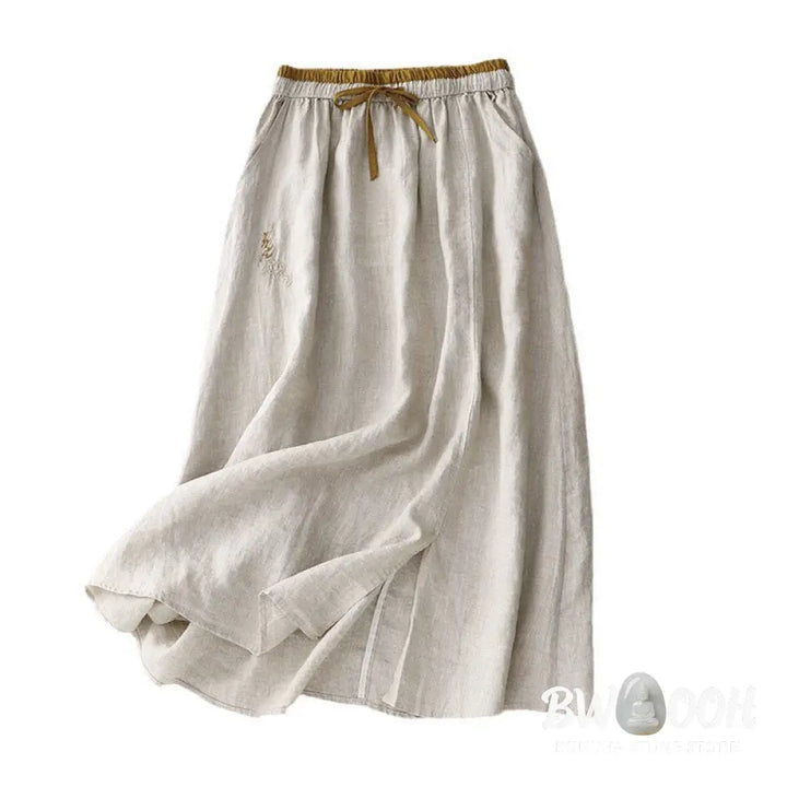 Buddha Stones Vintage Solid Embroidery Drawstring Women’s Skirt With Pockets - Skirt