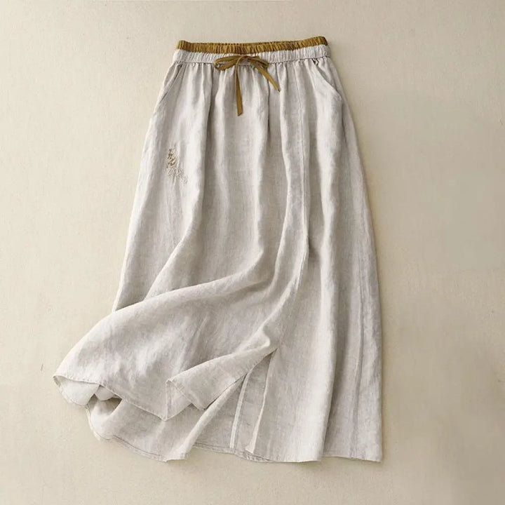 Buddha Stones Vintage Solid Embroidery Drawstring Women’s Skirt With Pockets - Beige / US4，UK/AU8，EU36 (L) - Skirt