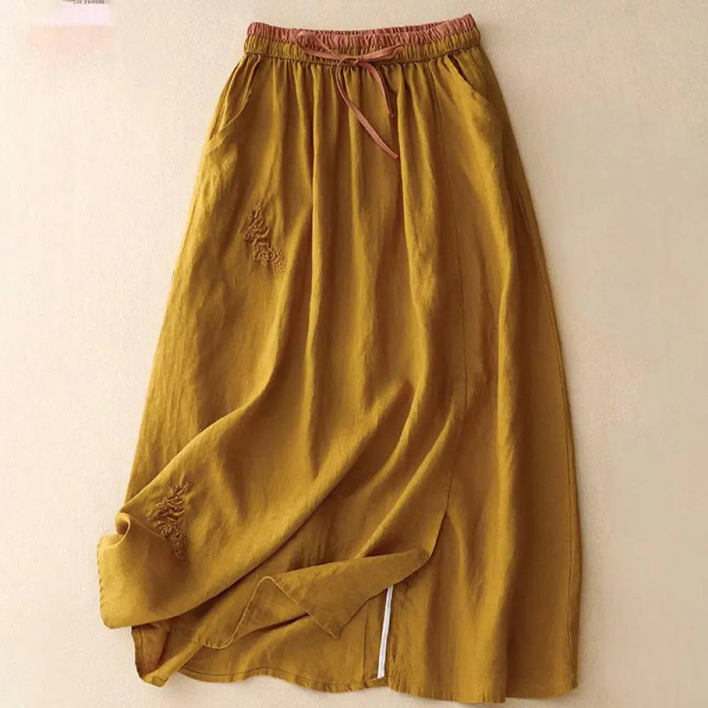 Buddha Stones Vintage Solid Embroidery Drawstring Women’s Skirt With Pockets - Goldenrod / US4，UK/AU8，EU36 (L) - Skirt