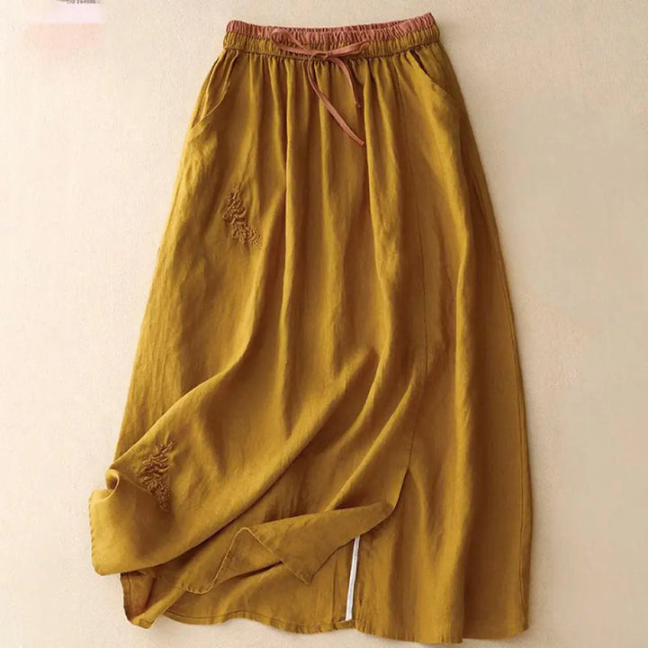 Buddha Stones Vintage Solid Embroidery Drawstring Women’s Skirt With Pockets - Goldenrod / US4，UK/AU8，EU36 (L) - Skirt