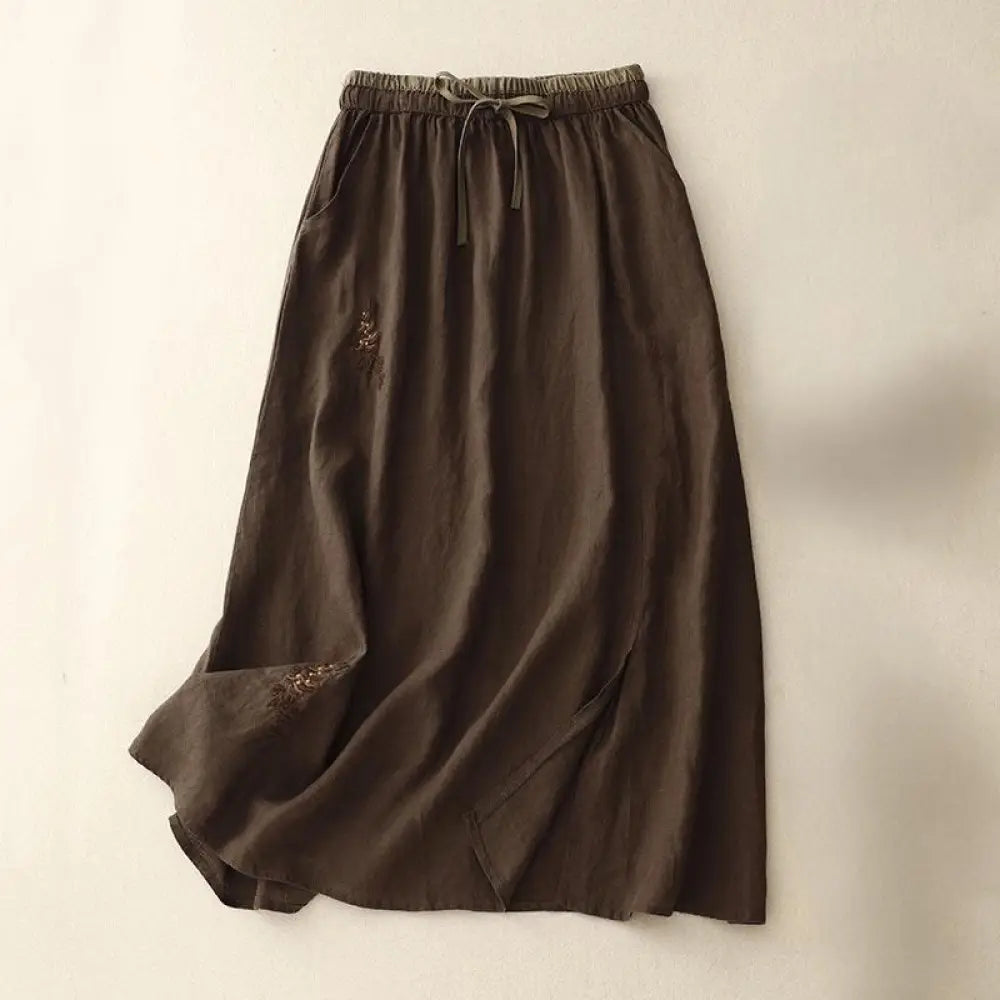 Buddha Stones Vintage Solid Embroidery Drawstring Women’s Skirt With Pockets - SaddleBrown / US4，UK/AU8，EU36 (L) - Skirt