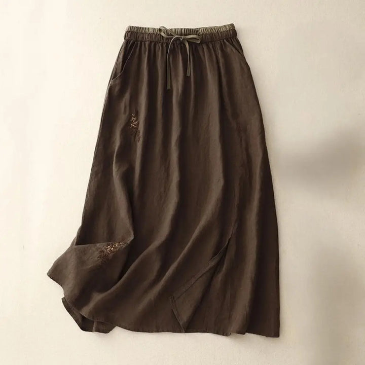 Buddha Stones Vintage Solid Embroidery Drawstring Women’s Skirt With Pockets - SaddleBrown / US4，UK/AU8，EU36 (L) - Skirt