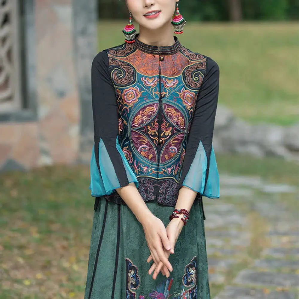 Buddha Stones Vintage Style Embroidery Flower Tang Suit Design Sleeveless Vest - Black(Vest Only) / M(Bust