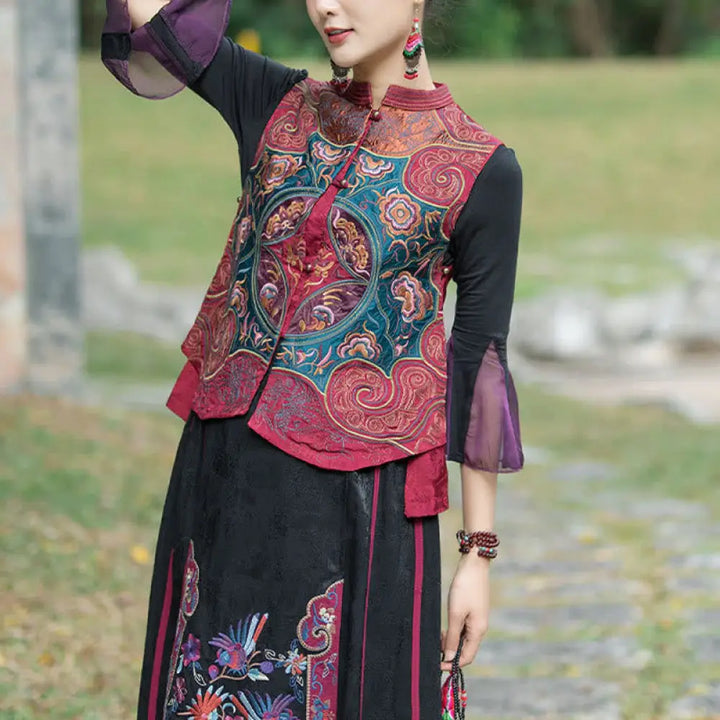 Buddha Stones Vintage Style Embroidery Flower Tang Suit Design Sleeveless Vest - Red(Vest Only) / M(Bust 88cm/Shoulder
