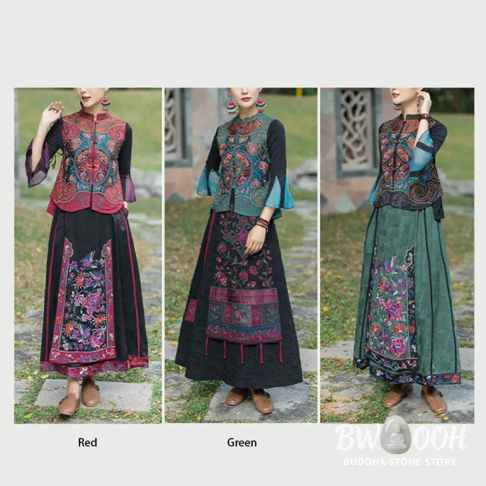 Buddha Stones Vintage Style Embroidery Flower Tang Suit Design Sleeveless Vest - Waistcoat
