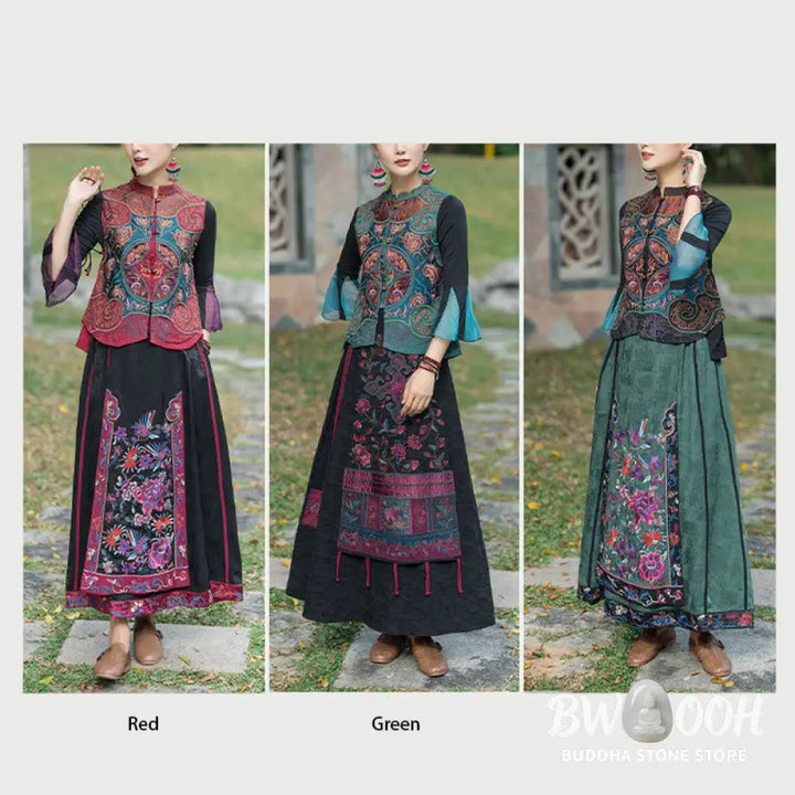 Buddha Stones Vintage Style Embroidery Flower Tang Suit Design Sleeveless Vest - Waistcoat