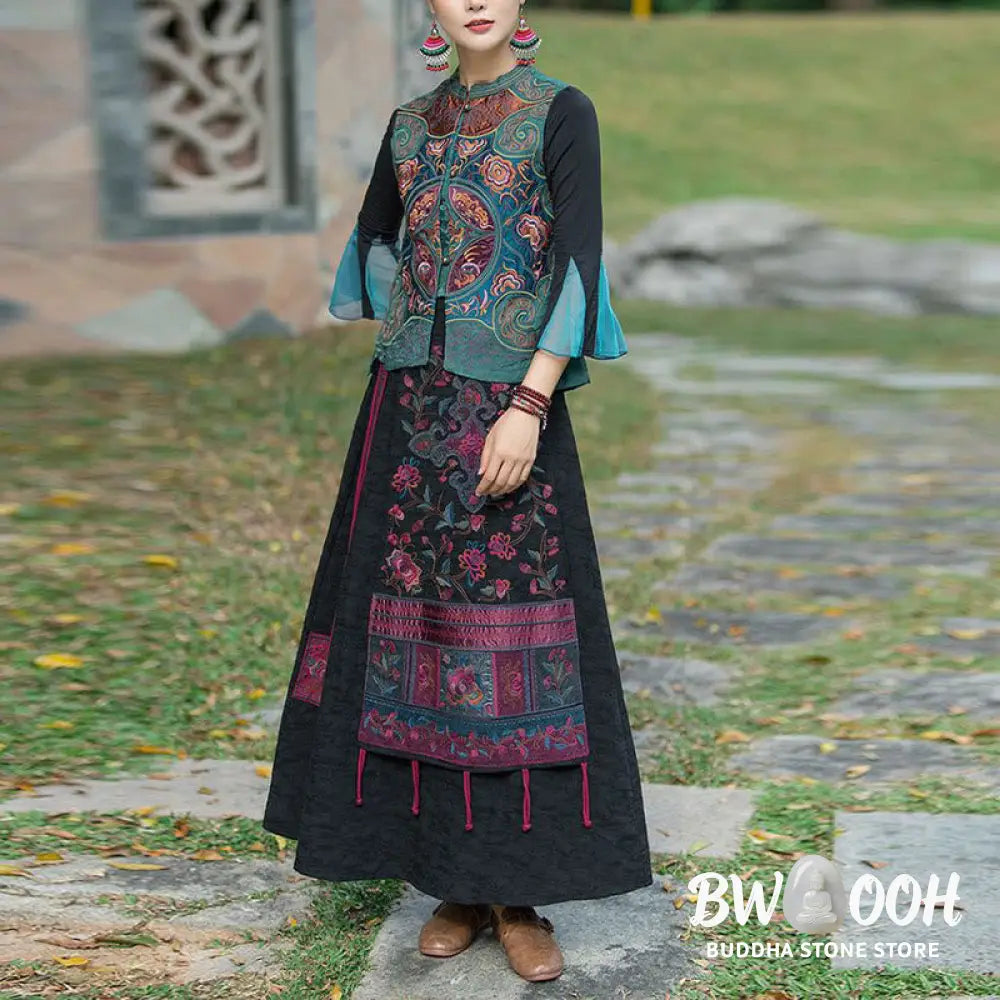 Buddha Stones Vintage Style Embroidery Flower Tang Suit Design Sleeveless Vest - Waistcoat