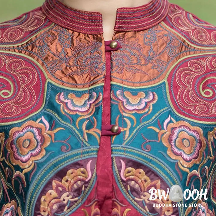 Buddha Stones Vintage Style Embroidery Flower Tang Suit Design Sleeveless Vest - Waistcoat