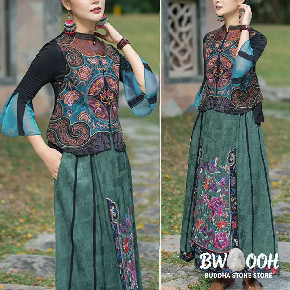 Buddha Stones Vintage Style Embroidery Flower Tang Suit Design Sleeveless Vest - Waistcoat