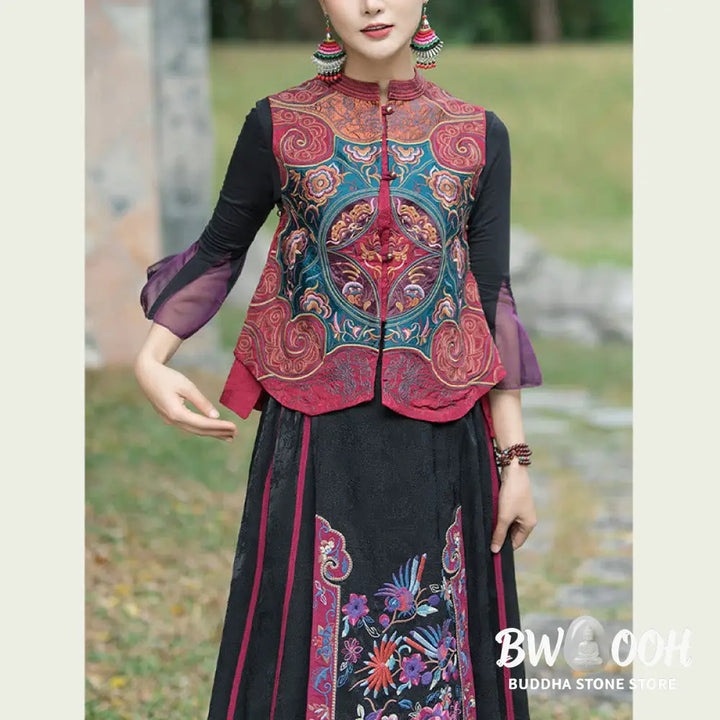 Buddha Stones Vintage Style Embroidery Flower Tang Suit Design Sleeveless Vest - Waistcoat