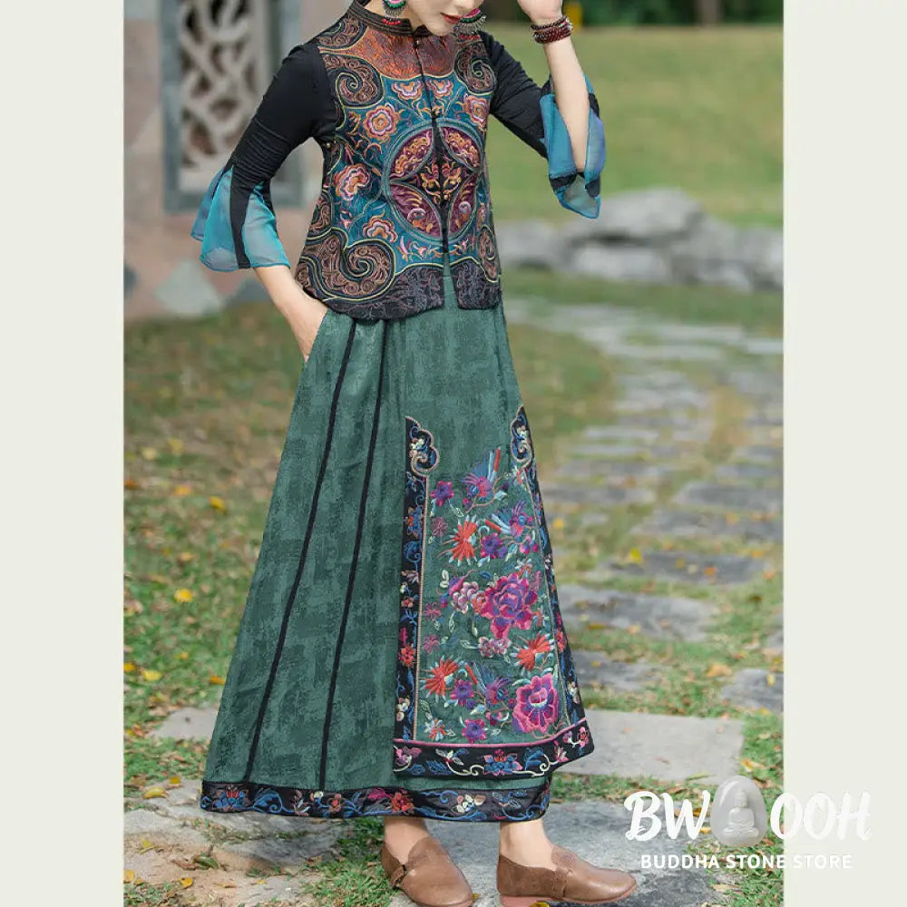 Buddha Stones Vintage Style Embroidery Flower Tang Suit Design Sleeveless Vest - Waistcoat